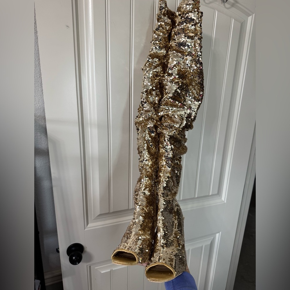 CAMSSOO 🌟 Gold Sequins Over-the-Knee Stiletto Peep-Toe Boots (Women's Size 8.5) - Picture 7 of 16